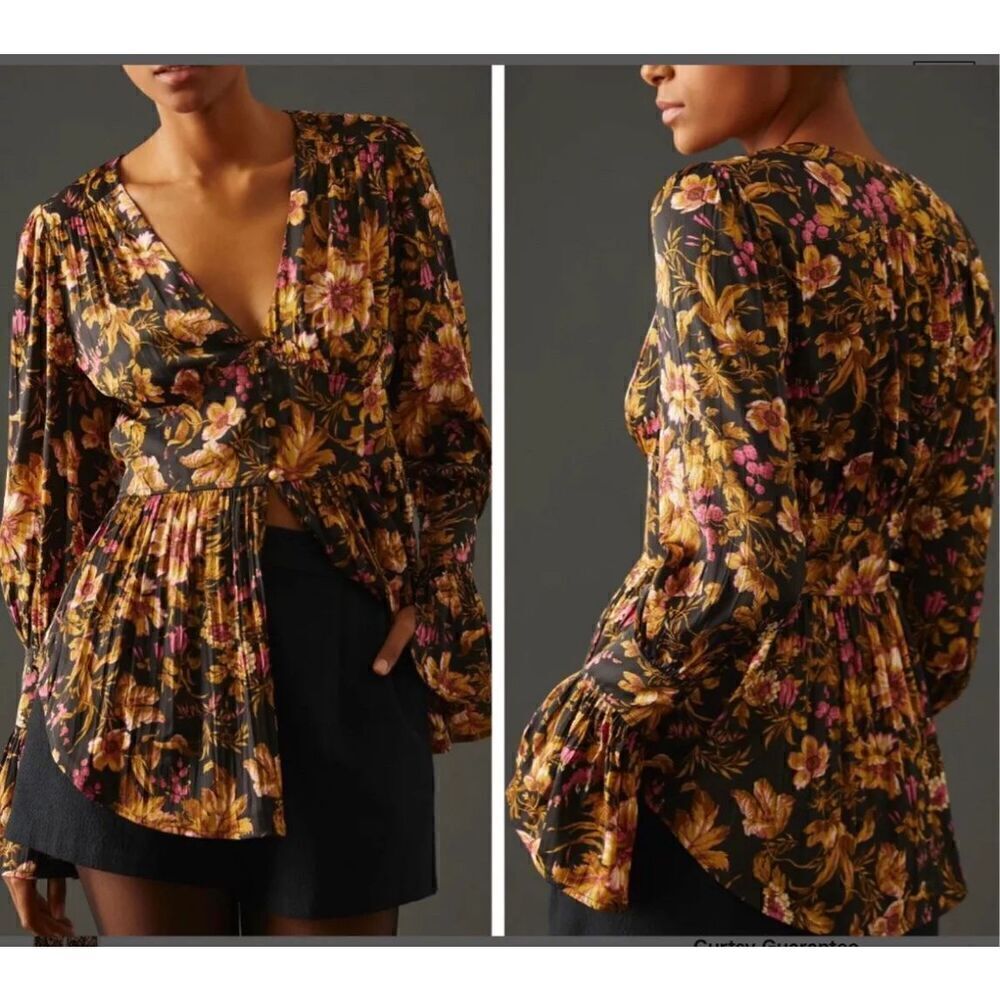 Anthropologie Deep-V Tunic Floral Black Motif Blouse Top Button Corset Peplum S